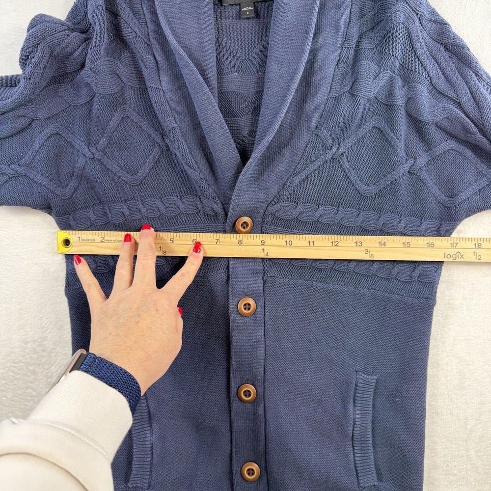 Express Sz S Cardigan Sweater Shawl Collar Fisherman Navy Knit Button Front Mens - Picture 8 of 11